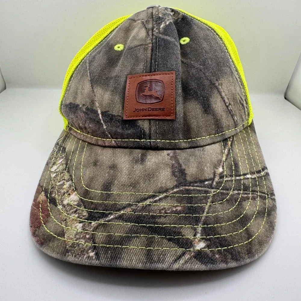 John Deere Trucker Hat Mens OSFM Camo Neon Yellow Good Snapback Mesh Logo Patch
